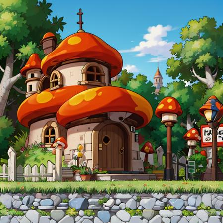 ((masterpiece,best quality)), absurdres,
<lora:Henesys_Maple_Story_Anime:0.7>, Henesys_Maple_Story,
outdoors, no humans, tree, grass, sky, house, scenery, mushroom, door, window, fence, chimney, sign, plant, building, nature,
cinematic composition,