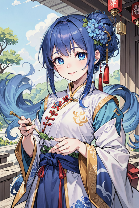 ru_qun, hanfu, best quality, masterpiece, extremely detailed, anime, 1girl, short girl, (blue hair, blue eyes:1.4), long hair, smile, tulle clothes, silk clothes, embroidery accessory, chinese knots, happy, smile, closed mouth, blue flower vines, gems, gold accessory,