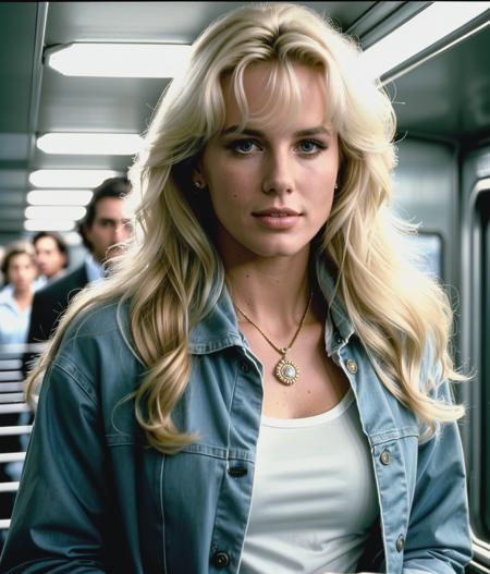 darylhannah of a stunning woman, on a (subway), wearing a (jacket) and trousers, (8k, best quality, depth of field, ultra high res:1.2), (absurdres, intricate, photorealistic, masterpiece, ultra-detailed, Unreal Engine:1.3)