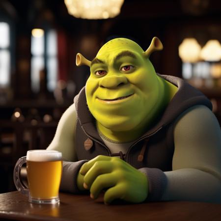 Shrek1024, wears a puffy jacket and a tracksuit, drink a beer in an english pub,  detailed eyes, highly detailed, photography, ultra sharp, film, bokeh, professional, 4k   <lora:Shrek1024:0.8> <lora:add-detail-xl:1.5>