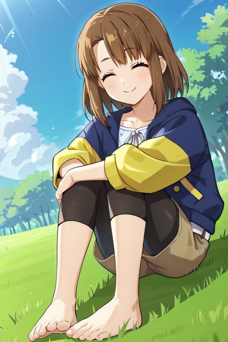  arisa, brown hair, brown eyes, medium hair white shirt, multicolored jacket, blue jacket, yellow sleeves, brown shorts, white belt, bike leggings, black shoes