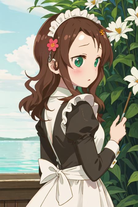 best quality, masterpiece, highres, solo, {maid:1.40}, {long maid dress:1.15}, {riko_saikawa_kobayashisanchinomaidragon:1.15}, brown_hair, blush, long_hair, green_eyes, hair_ornament, flower, hair_flower