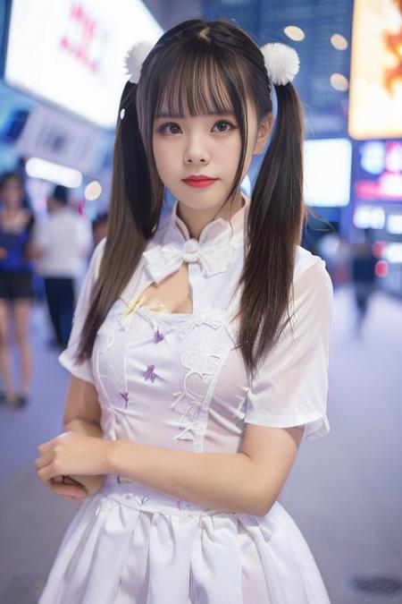 1girl, Chinese, white cheongsam, upper body, looking at viewer, outdoors, times square, earrings, twintails, 