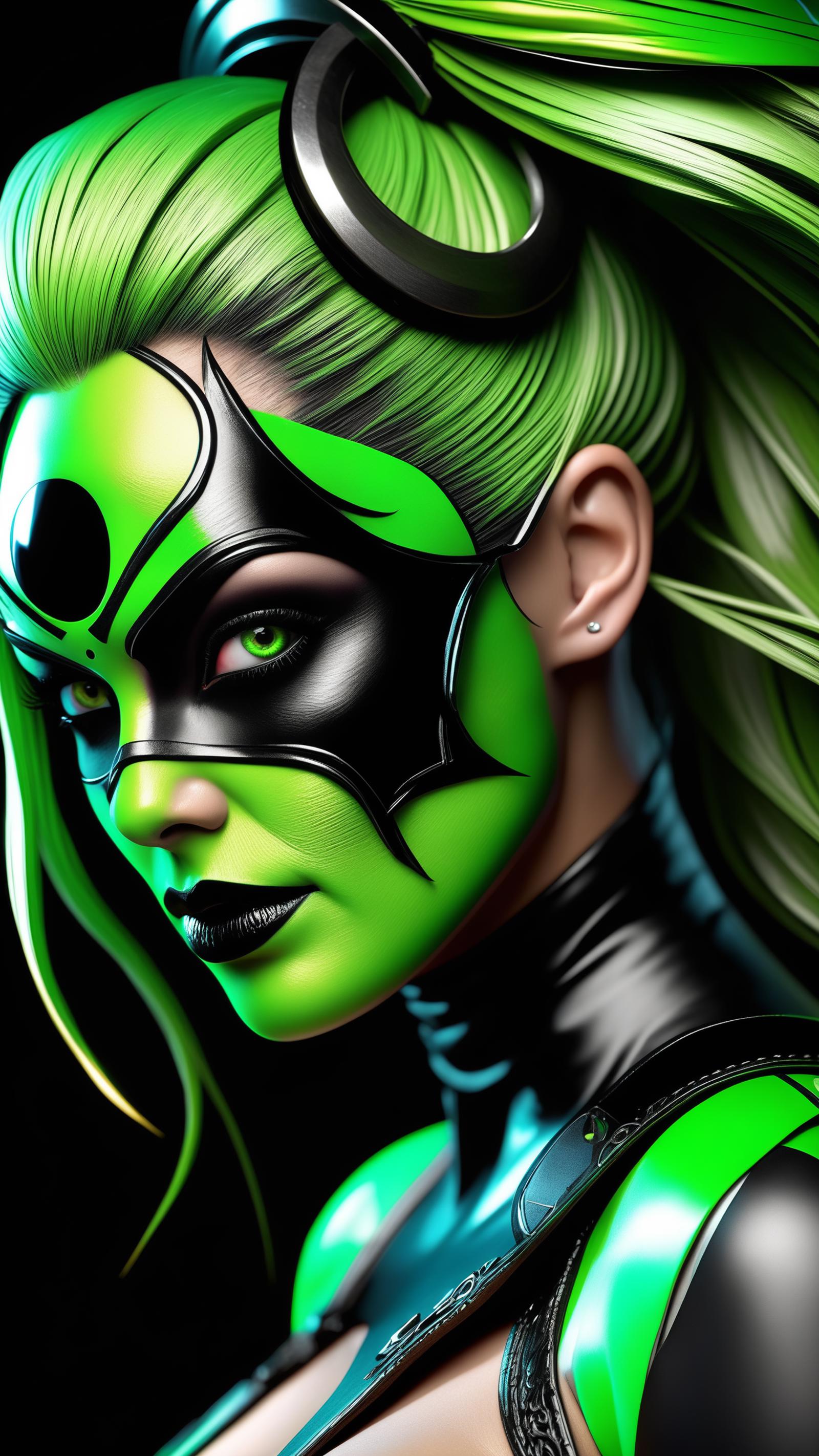 A digital art image of a woman with green makeup on her face and wearing black lipstick.