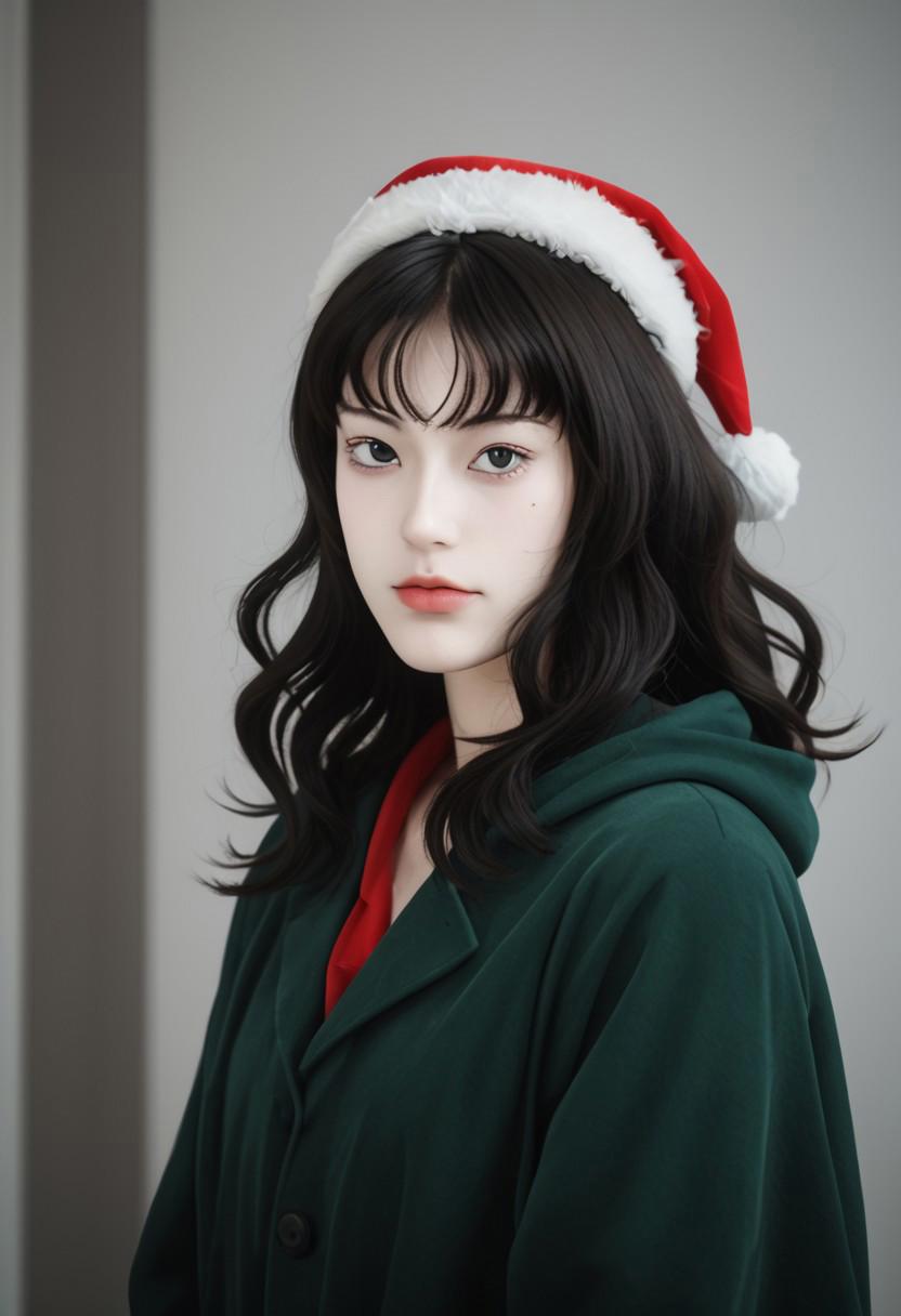 Full body portrait of a young woman.
The woman is centrally positioned, and her face and upper torso are visible., dark brown, wavy hair. A vibrant, wearing a Santa Claus outfit. 
Her eyes are a light, almost icy blue, and her gaze is directed slightly towards the viewer.  Her eyebrows are well-shaped, and her lips are a soft, pinkish-red hue. Her nose is delicate, and her cheekbones are high. Her expression is serene and slightly serious.
Her skin appears smooth and with a subtle light reflecting on it. The woman wears a dark teal or forest green hooded jacket. 
The background is entirely black, drawing all attention to the subject, making her the central focus. The lighting is focused on her face, highlighting her features. The depth of field is shallow, concentrating the focus on her face.
<lora:FLUX-daubrez-DB4RZ-v2:1> DB4RZ, DB4RZ style painting