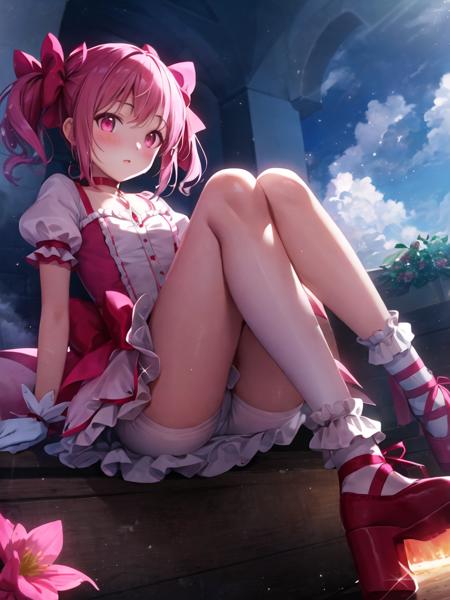 (masterpiece, best quality, ultra detailed,illustration,CG ,  hdr:1.2), 
1girl, solo,madoka-v1  , looking at viewer,   dynamic angle , cinematic angle , depth of field , detailed and beautiful glow , detailed shadow ,  caustics,  ray tracing , bokeh , lens flare, 
pink hair, gloves, white gloves, twintails, frilled socks, pink eyes, socks, frills, white socks, short sleeves, skirt, choker,white skirt, puffy short sleeves, puffy sleeves, bubble skirt, red footwear, frilled sleeves, short twintails, frilled skirt,ribbon, bow, soul gem, magical girl, leg ribbon, ankle ribbon, shoes, hair ribbon, parted lips, red choker, buttons, collarbone, pink theme, ribbon choker, pink ribbon, kneehighs, dot nose, blush, small breasts, light particles, hair bow, cross-laced footwear, hand up, breasts,
(delicate flowers and clouds, soft pink hue , whimsical and romantic atmosphere,fantasy and charm,sparkle :1.2 ) ,
 <lora:madoka-000010:0.8>,