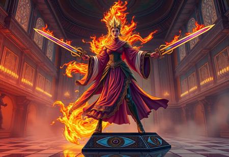 A detailed, golden ratio composition of a Fire Princess, wielding swords, standing on a Chronomaly Pyramid Eye Tablet. She embodies the 80s art deco style with double cloth armor and a single solid body. The setting is an academy, the headmaster is armed with a colorized photon. The piece has a dramatic warm color palette and a standing pose. The style is dreamwave, inspired by artists like David Ligare and Earl Moran. The image is micro-detailed, suitable for 4k or 8k, aiming for a sharp, clean, and smooth finish.