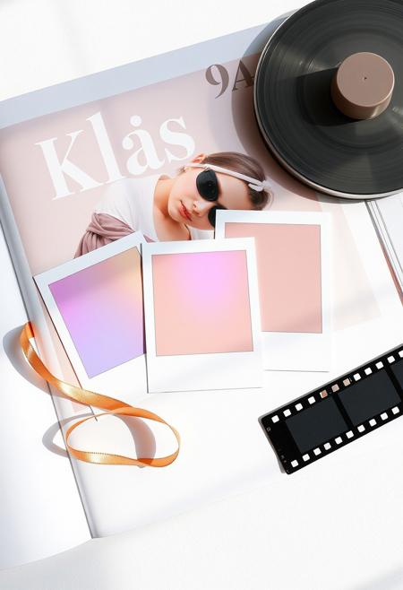 create A modern FLAT LAY collage magazine design with semi-realistic illustration featuring the text 'Kelas 9A'. The scene is viewed from a top-down perspective.must look flat without shadow, showing 3 iridescent polaroid Photo with different size, the 3 photos must straight ortogonal angle in white paper. rose-gold-ribbon as ornament. negative film strip and disc next to it. Iridescent light radiates across the scene, creating a warm atmosphere. vibrant, iridescent colors