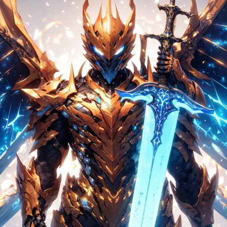 (hailoknight, Solo, 1boy wearing orange armor, orange skeleton helmet, glowing blue eyes, orange wings, holding giant blue energy sword infront of him, holding sword:1.3), (simple glowing background:1.25)<lora:add_detail:0.3>, <lora:hailoknightV2E12:1>, masterpiece, best quality, wide-angle, Hyperdetailed, masterpiece, best quality, 8k, natural lighting, soft lighting, sunlight, HDR (High Dynamic Range), Maximum Clarity And Sharpness, Multi-Layered Textures