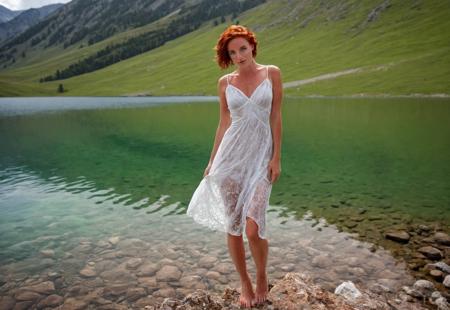 embedding:urn:air:sd1:embedding:civitai:222256@250708, picture of a incredibly sexy woman, (freckles, short red hair, light green eyes, (realistic pretty face), standing on the edge of a pristine mountain lake, contemplating whether to take a bath in its crystal-clear waters. She wears a flowing white dress with a delicate pattern, her hair lightly tousled by the breeze. One foot is lowered, testing the water temperature, while her face reflects a mix of excitement and hesitance.