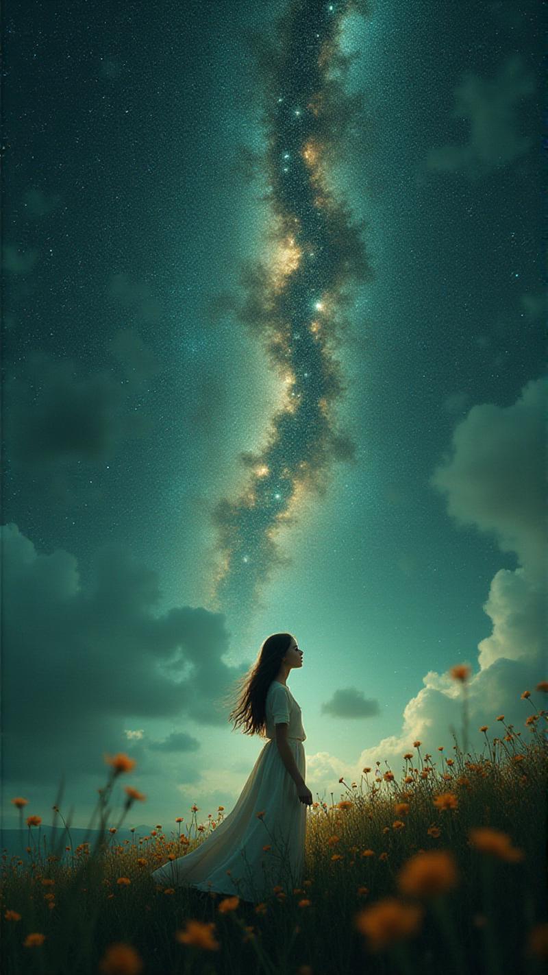 A dreamy girl, 25 years old walks through the expanses of the most beautiful universe, she is not afraid of them, they love her, she has green eyes and plump lips, pale skin, dark hair, beautiful volumetric light, the rays of God, the galaxy, the milky way, perfect concept of color and light, wonderful composition of the frame, mystery and inspiration, background inspired, intricate, detailed, very inspirational, colorful, amazing quality, deep colors, optimistic, mystical, cute, enhanced, glowing, rich dramatic cinematic atmosphere, excellent scenic, dynamic,