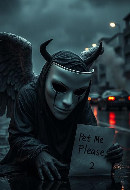fallen angel oni with a mask sitting in the rain, (black ink tears from eyes),tears, text on paper says "Pet Me Please", close-up, dark clouds, rain, water puddles and cars, street, emotional scene, realistic, cinematic lighting and dramatic atmosphere,plain white mask:2, tears,theatrycal mask,sad, demon, smoke, smoke in the backround, smoke clothes,