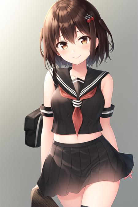 masterpiece, best quality, highres, solo, {sendai_kantaicollection:1.10}, two_side_up, brown_eyes, short_hair, brown_hair, hair_ornament, bangs, smile, serafuku, blush, black_hair