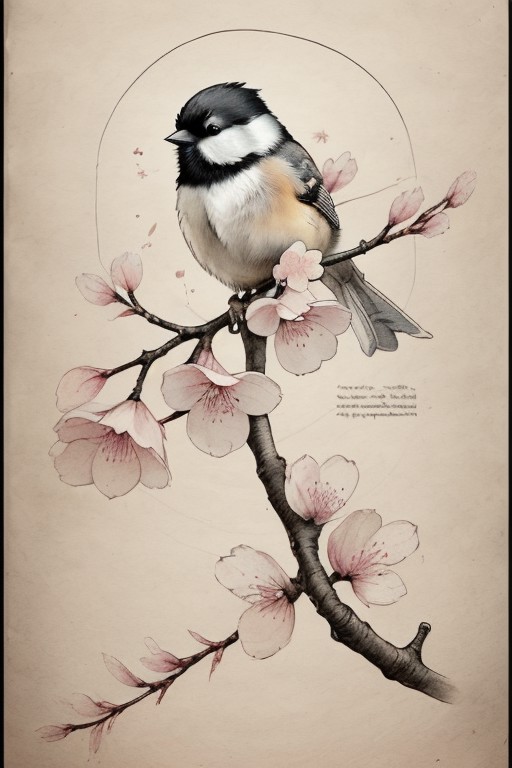 on parchment black ink lines and wash illustration of a chickadee on a cherry blossom tree branch minimal meditative art