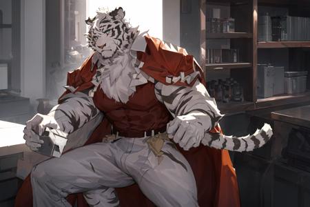 mountain,1boy,furry_male,male focus, muscular,muscular_male,scar_across_eye,furry,tiger_ears,tiger_stripes,mature_male,tiger_boy,thick_thighs,tiger_tail,tiger_print,scar,two-tone_fur,

((masterpiece,best quality)), food, fruit, solo, shop, indoors, jacket, shopping, shirt, shelf, dutch angle,looking at viewer