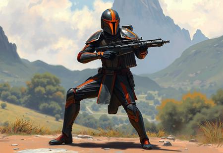 A hyper-detailed 8K digital painting of a Gaia Knight, the Force of Earth from Star Wars, captured in a dynamic action pose - standing on one leg with the other bent, ready for combat. The warrior wears a sleek black and orange armored suit with vibrant red-orange striping, complete with a matching helmet featuring an orange visor. They grip a blaster rifle with precision, set against the lush, peaceful landscapes of Planet Calarium.