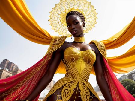 (one person), african female supermodel wearing an immaculate ([yellow|red|green with golden embroidered] tailored and robe gown), intricate translucent veiny embroidery, straps and belts, extremely detailed face and body, toned defined ripped body, posing in front of a (crowded parade outdoors), detailed hair, shapely legs, professional model photoshoot, mid shot, low angle, detailed face, detailed refractions, dof, sharp focus, <lora:weird future fashion_v4:1>