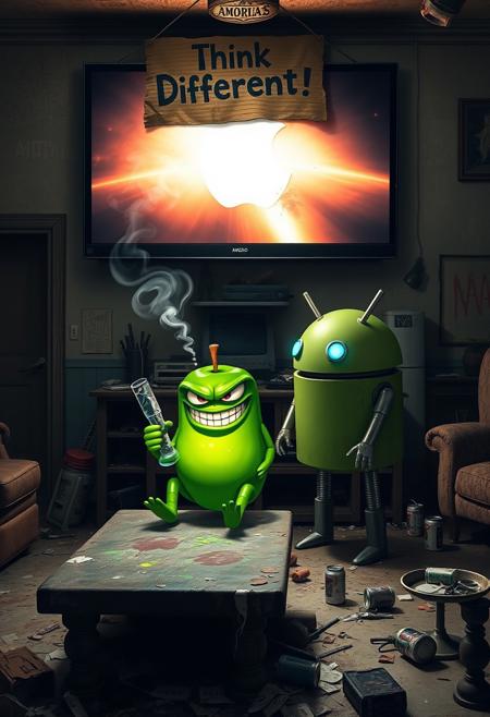 "In a grimy, dilapidated Florida crackhouse, a cartoonish green apple with exaggerated, glaring eyes and twisted limbs engages in a surreal confrontation with the iconic Android logo robot. The apple, seated on a battered, stained coffee table, grins menacingly, clutching a glass pipe. Wisps of smoke curl up from the pipe, drifting through the harsh, flickering light of a massive OLED TV mounted on the wall.
The TV blares an unnervingly vivid Apple computer commercial, its bright visuals casting sharp, unsettling shadows across the room. The walls are covered in grime and graffiti, with peeling wallpaper and broken fixtures. The floor is littered with trash, broken furniture, and empty cans, adding to the squalid atmosphere.
The Android robot, with a rusted, dented exterior and malfunctioning eyes, stands in a defensive stance with twitching antennae. Above the TV, a warped, grimy cardboard sign with 'Think Different!' hangs crookedly. The sign’s jagged, irregular lettering is illuminated by flickering LEDs, casting eerie shadows on the peeling stucco walls.
The air is thick with the stench of mildew and decay, mixed with the acrid smell of smoke from the apple's pipe. The green apple’s glossy skin and the Android’s grimy, rusted body are highlighted by the cold, flickering light, enhancing the bizarre and unsettling scene in this derelict, drug-ridden setting."