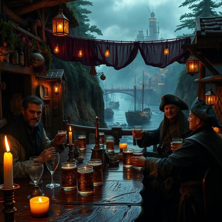 (masterpiece hyperrealisitic, medium format camera shot, fantasy oil painting, concept art 8k, high quality, detailing, textures)  Imagine a spooky atmospheric perfect fantasy tavern  with happy perfect hyperrealisitic pirates drinking beer, with cozy candle light, rain reflections, by the river, ( in the background a large fantasy hyperrealisitic bustling port town city metropolis sprawls), nestled between a verdant, ancient forest, encircled by cliffs and city bridges across the river used for logging, taking it to the perfect pirate ships and the crashing waves of the vast, unexplored ocean.
