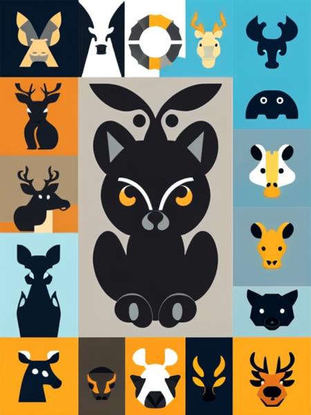 negative space symbols, poster with many minimalistic negative-space geometric animal logo silhouettes, logo style, international style

<lora:graphic-art_LoRA300:1>