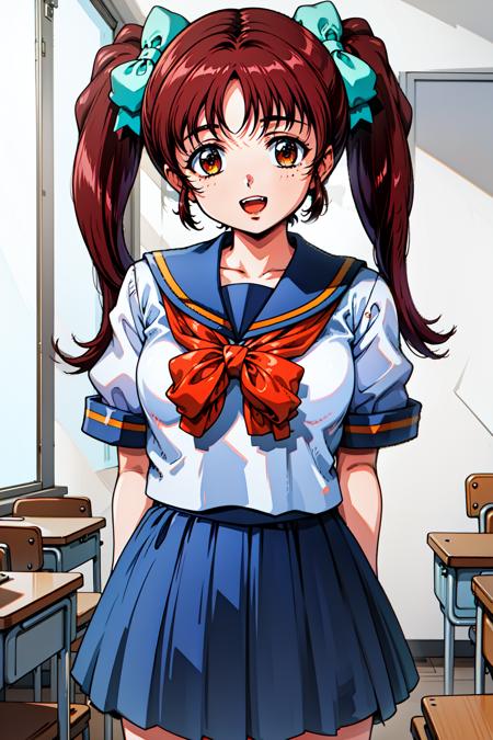 1girl, cowboy shot, classroom, smile, open mouth, 
koizumi_rina, brown eyes, brown hair, twintails, hair bow, school uniform, serafuku, short sleeves, white shirt, pleated skirt, <lora:koizumi_rina_lora_ver1:0.7>, best quality, masterpiece, highres, <lora:GoodHands-vanilla:1>