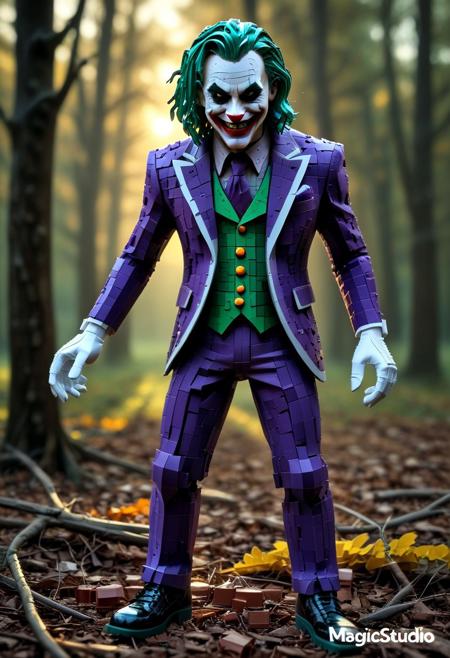 meadow, autumn, leaves, heavy shadows,
Joker \(dc\), made of LEGO bricks, LEGO, looking to the side, colored clothes, purple suit, green hair, (((smiling))), (teeth), angry, crazy, knee shot, standing, sway back, w arms, detailed hands, white gloves, (glitch style shadows), lego bricks,
masterpiece,  amazing quality, very aesthetic, hdr , graphic novel, light particles, very detailed, 8k, ambient occlusion, blurry foreground, branches in foreground, depth of field,  high resolution, chiaroscuro, lens flare, (high angle), dutch angle,flat color,no lineart,fixl-art
