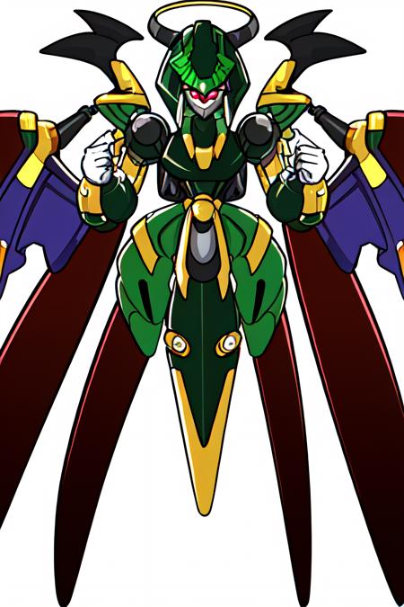 solo digital image of a humanoid robot (medabotV1) with halo horns, no mouth and sharp angular body and wings with 2 arms, 2 hands, 2 legs, and glowing parts, looking at viewer in full view with a random pose, symmetrical body, symmetry, white background, simple background, 