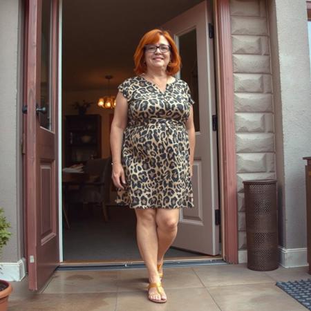 full body shot chubby woman forty years old 5'7" red shoulder length hair glasses animal print mini dress, gold sandals 
opening front door external view livingroom visible behind her