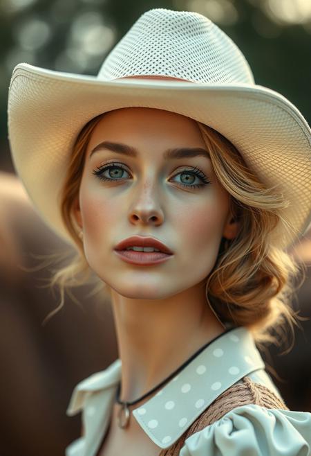 a masterpiece 4k photo, fashion photoshoot style, far shot, picture of a fit perfect delicate 1950s cowgirl transported in time to the 2000s, expressing cute shyness, blush, nuanced, extremely detailed, so real you can touch it, volumetric light, highly detailed, dynamic camera, skin pores, tiny hairs, bokeh, depth of field, beautiful masterpiece, highly detailed skin, maximalist background, bokeh, soft scene, intimate, atmospheric, depth of field, 4K art, absurdres