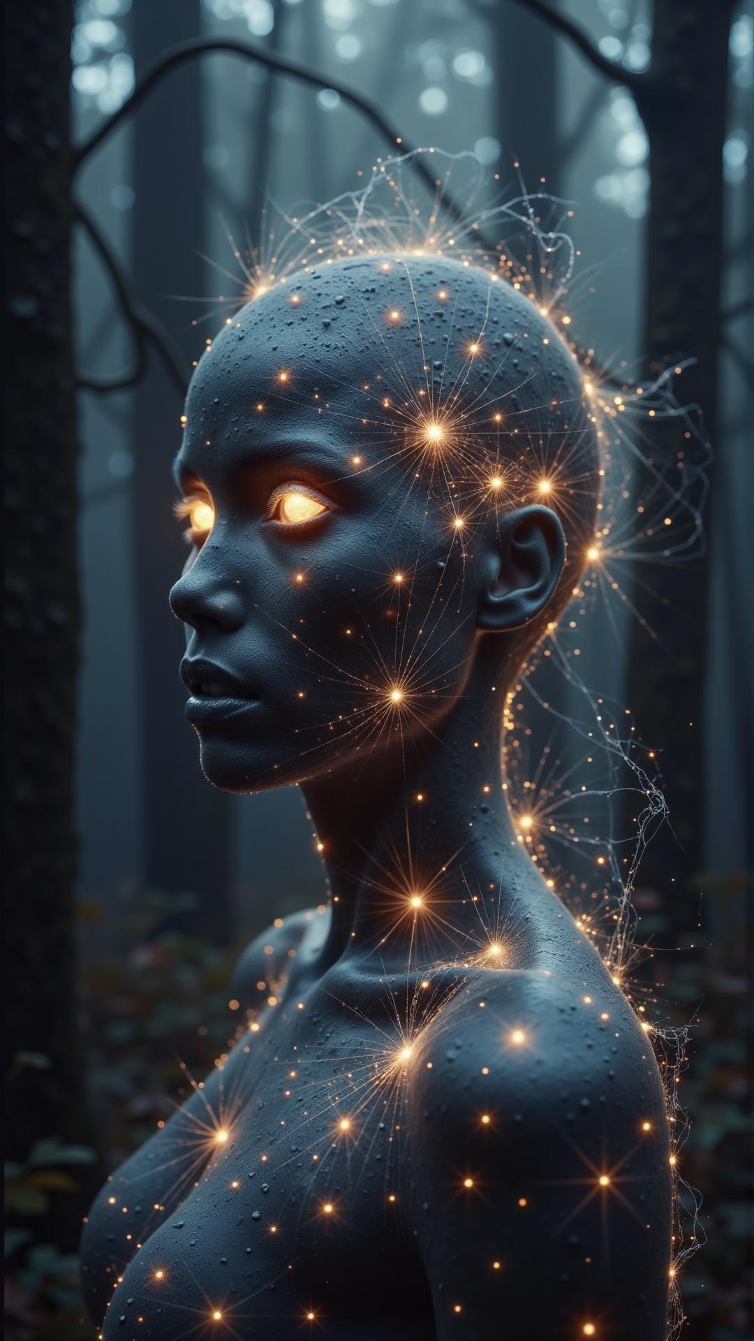 A surreal portrait of a woman with hair made of delicate spiderwebs, each web glistening with dew and intricately woven with glowing threads. Her skin is smooth and reflective, almost like polished marble, and her eyes are completely white, glowing softly from within. Tiny glowing spiders move through her hair, spinning more webs as they crawl. The background is a dark, misty forest, with towering trees fading into the fog, and the entire scene is lit by an eerie, silvery light that casts long shadows across the ground. fully clothed no boobs  <lora:aura_v2_beta2:1>