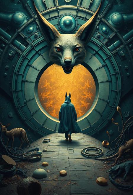 A cloaked traveler passing through a surreal portal shaped like a mechanical eye, guarded by a two-headed fox, surrealist theatre, mystical abstraction, Bauhaus futurism, dreamlike allegory, symbolic figuration, experimental composition, masked archetypes, architectural surrealism, rich textures, fantastical creatures, metaphysical space, theatrical surrealism, subconscious narrative