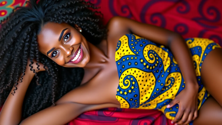 Beautiful photogenic smiling Ethiopian, (detailed skin), laying down and posing, in a (short cotton strapless one-shoulder sexy traditional African design dress with exposed midriff, slim weist, wrists hidden). ((looking at viewer)), fully exposed beautiful ((natural belly button)), (one armpit off, arm raised, wrist hidden. light jewelry, no ornament, no glitter, no piearcing), beautiful exposed legs, barefoot