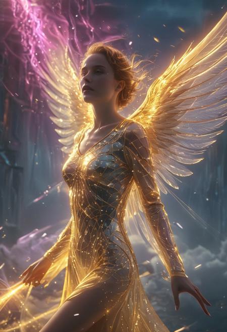 neonpunk style, (auralora:1.2), dark fantasy aesthetics, movie poster, centered composition, close-up photography by Henri Cartier Bresson. portrait, shining ( 1920s art deco theme:1.1), divine angel of the skies,  flying, birds, rainbow,  clouds in background, majestic divine atmosphere, bright light, holy aura, bloom, halo above head, divine light, white clothes, golden embroidery,filigree,  dynamic pose, . (Detailed face, detailed skin, skin texture, skin pores, (freckles:0.9)). (ethereal wisps and Sparks of ice shards, dust particles, particle system:1.4). Gritty, raw, emotional, liminal fog, shimmering light. A mesmerizing blend of light and shadows. <lora:Aurastronger_SDXL:1>, cyberpunk, vaporwave, neon, vibes, vibrant, stunningly beautiful, crisp, detailed, sleek, ultramodern, magenta highlights, dark purple shadows, high contrast, cinematic, ultra detailed, intricate, professional
