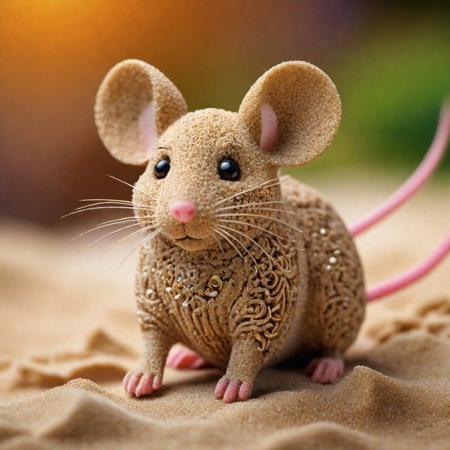 Creative image generation of a cute mouse made of sand ,beautiful:1.4), (intricate details, masterpiece, best quality:1.4),dynamic pose
