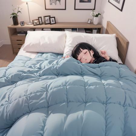 futon, pillow, closed eyes, bed, sleeping, black hair, lying, under covers, blanket, 