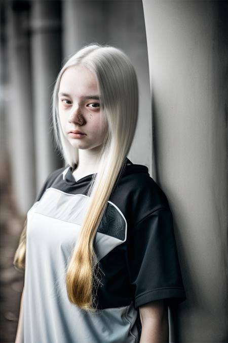 portrait, long hair, white hair,girl wearing a techwear, golden eyes, 1girl, head, face, portrait, princess, absurdres, masterpiece, best quality, gown,  short hair, desolation, ruins
 ,