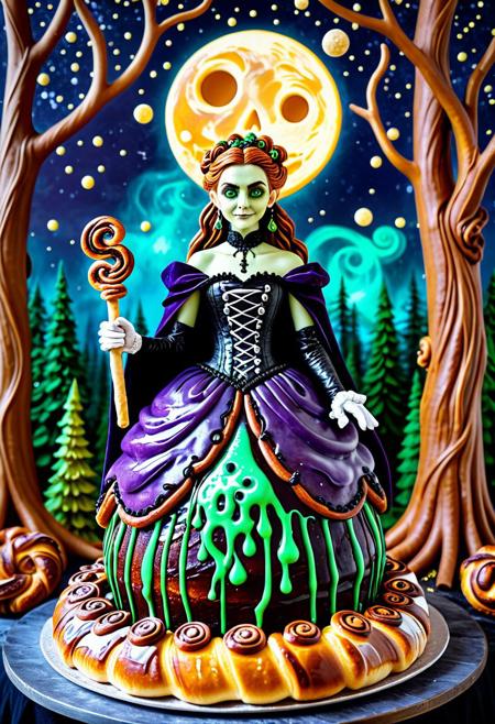 a witch of baked bread with golden-brown crust skin and caramel swirls in her flowing dark dough-like hair, wearing a gothic gown sculpted from layers of puff pastry and chocolate drizzle embroidery, purple cape resembling fondant glaze, corset shaped from braided sweetbread with cinnamon stitching, standing confidently amid a forest of croissant-trunk trees under a moon of sugar pearl glaze, glowing green candy eyes, enchanted bracelets like cookie chains, holding a twisted breadstick staff, near a cauldron bubbling with frosting mist, clouds above shaped like cinnamon rolls, spellbook bound in gingerbread, crystal ball glowing with powdered sugar sparkles, gloves like marzipan and icing, vibrant palette of pastry hues, expressive dough textures, whimsical world where magic and baked goods meld in luscious harmony.