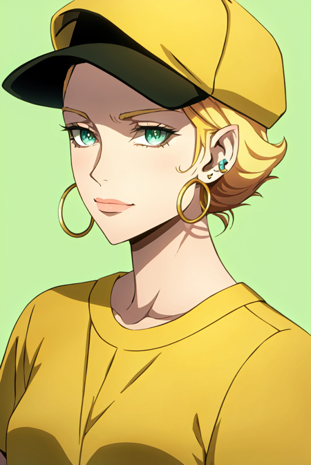 castlevania style, masterpiece, best quality, 1girl, aqua eyes, baseball cap, blonde hair, closed mouth, earrings, green background, hat, hoop earrings, jewelry, looking at viewer, shirt, short hair, simple background, solo, upper body, yellow shirt
<lora:castlevania_style_offset:1>