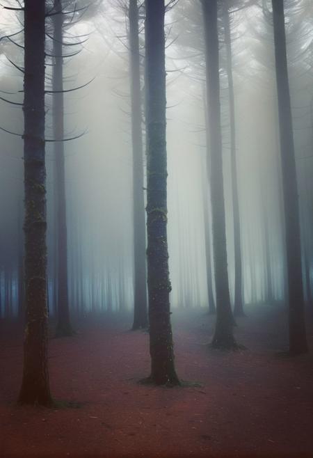 soaked_seasalt,  instagram photo, a foggy forrest, hard shadows, film grain