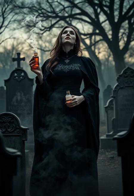 "In a realm of perpetual twilight, where the Night of the Hunt era cast its macabre shadow, a vision of elegance emerged from the darkness. Clad in the imposing garb of an Executioner, she stood like a specter amidst the decrepit tombstones, her beauty a haunting counterpoint to the malevolence that seemed to seep from every stone. A haze of burning incense wafted around her, its sweet scent a stark contrast to the putrid air heavy with the whispers of the damned. In one hand, she grasped a delicate vial filled with a pale, viscous liquid – a token of her macabre pursuits. Her eyes, cast heavenward in silent supplication, seemed to hold a secret sorrow, even as a blood-drunk smile twisted across her lips like a promise of dark delight. The camera's gaze fell upon her from an unnatural angle, as if the very tombstones themselves were conspiring against all sense of decorum. Fog swirled around her ankles like a living entity, choking out all sound save for the whispers that seemed to emanate from the shadows themselves. A gleaming crow-feather brooch pinned to her breast seemed a mocking touch of elegance in a world gone mad."