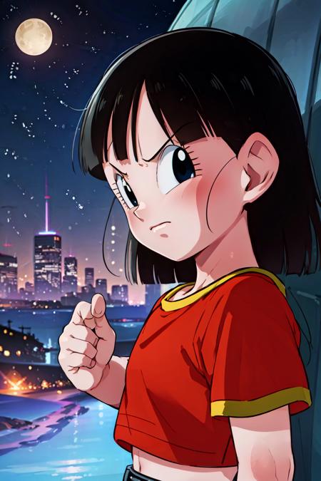 masterpiece, 
  <lora:panGT-000008:0.7>, 1girl, solo, short black hair, (black eyes),  pan, 
from side, angry, portrait, looking at viewer, 
red shirt
blue sky, night, building, clenched hands,