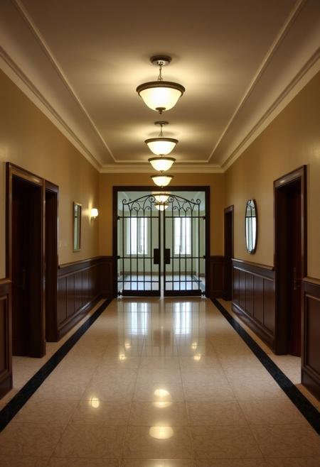 Inside the apartment, there is a hallway with several lights and a gatehouse on both sides