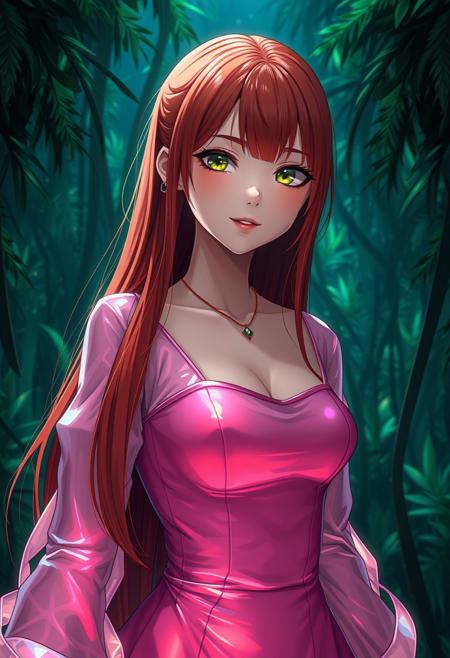 masterpiece, 8k, hdr, best quality, (highly detailed skin), photography, analog style, real life, extremely beautiful, (highly detailed, intricately detailed), ray tracing, (dramatic lighting), (alluring eyes), anime style, (1girl), small waist, (long straight autumn red hair), green eyes, smile, jewelry, reflective iridescent opaque clothing, long sleeves, tight dress, long skirt, cleavageless, pink, very aesthetic, high resolution, 4k, 8k, intricate detail, cinematic lighting, amazing quality, stunning shading, detailed illustration, official artwork, wallpaper, official art, deep within a bioluminescent alien jungle, at night