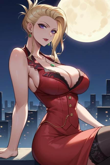 ffScarlet, folded ponytail, purple eyes lipstick, earrings, necklace,  sleeveless, red dress, lace trim, cleavage, long dress, black thighhighs