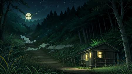 (masterpiece, best quality:1.2), no humans, (night, dark:1.1), outdoors, glowing, fireflies, plant, tree, leaf, path, grass, fern, shack, overgrown, moss, rock, moonlight, moonbeam, fog