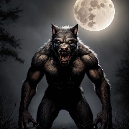 <lora:werewolf_v0.2:1> 1boy, werewolf, howling, full moon, night, clouds, fog, horror \(theme\), monster, sharp teeth, (masterpiece), (best quality), (highly detailed), strong werewolf, black werewolf