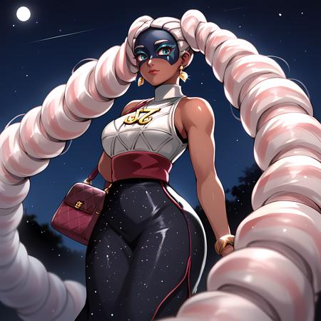 Twintelle_ARMS  dark skin, jewelry, long hair, earrings, mask, drill hair, white pink hair, crop top, tights