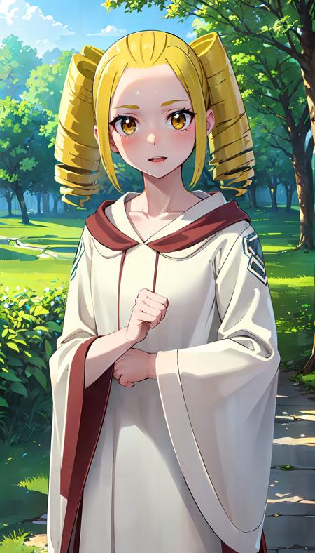 blonde short twintails yellow eyes white robe