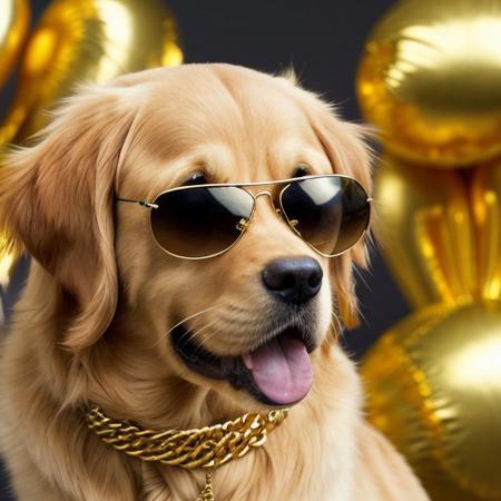 A golden retriever with gold chains and aviator sunglasses, in a boxing pose