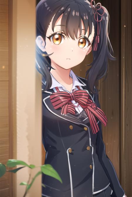 hasukikomai, <lora:hasuki komai s1-lora-nochekaiser:1>,
hasuki komai, (black hair:1.5), ribbon, (brown eyes:1.5), hair ribbon, side ponytail,
BREAK bow, school uniform, jacket, striped, bowtie, black jacket, blazer, striped bow, striped bowtie,
BREAK indoors, classroom,
BREAK looking at viewer, (cowboy shot:1.5),
BREAK <lyco:GoodHands-beta2:1>, (masterpiece:1.2), best quality, high resolution, unity 8k wallpaper, (illustration:0.8), (beautiful detailed eyes:1.6), extremely detailed face, perfect lighting, extremely detailed CG, (perfect hands, perfect anatomy),